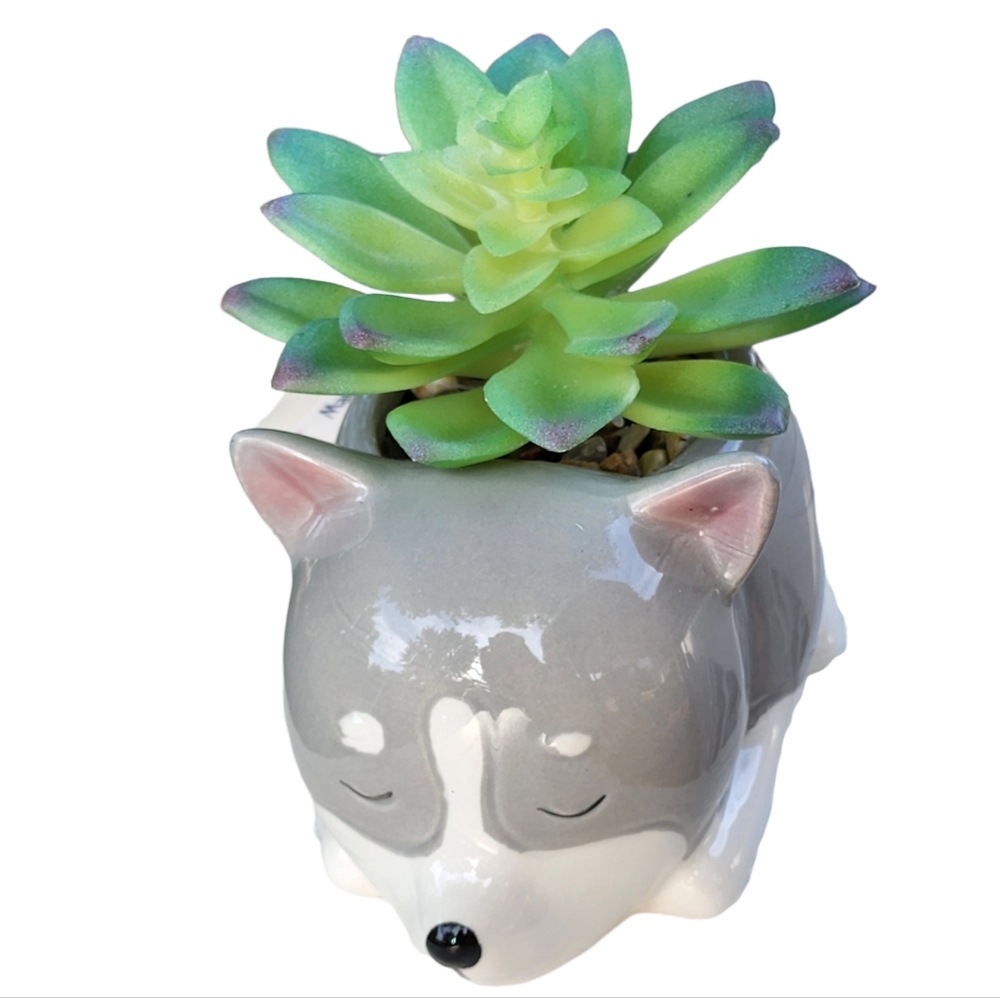 Flora Bunda Gray Puppy‎ Ceramic Planter With Artificial Succulent Flower